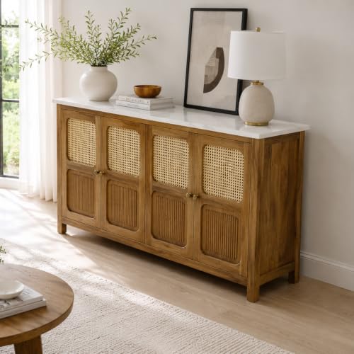 Image of The Attic Crestwood Solid Wood Sideboard Cabinet with Cane Doors | Storage & Display Cabinet for Living Room & Dining Room | Handcrafted Mango Wood, Light Teak Finish