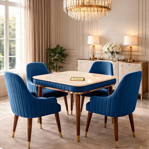 Image of Onyx Elite Modern Dining Table Set 4-Seater Modern Wooden Dining Table Set | 1 Year Warranty | Onyx Top Table with 4 Chairs (Blue)