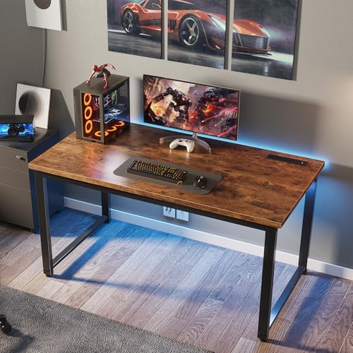 Huuger 48 x 24 inch Desk with Power Outlets & USB-C, Deeper & Thicker Desktop, Robust Metal Tubes, Computer Desk, Heavy Duty Office Desk, Work Gaming Desk for Home Office, Rustic Brown