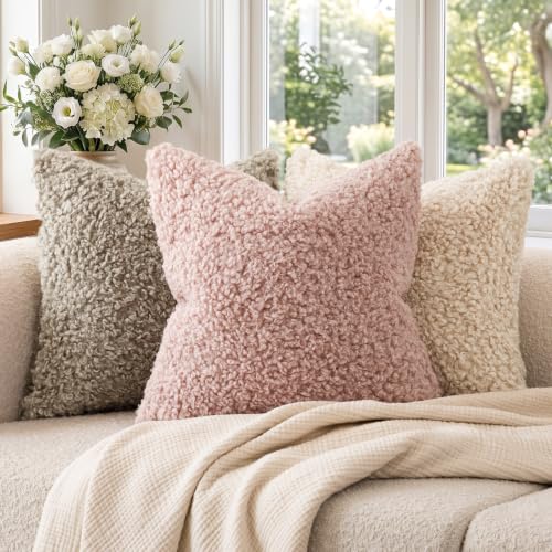 Image of Foindtower Set of 2 18x18 Inch Dusty Rose, Faux Fur Throw Pillow Cover Accent Sherpa Furry Pillow Covers Fuzzy Soft Pillowcases Cozy Sheepskin Decorative Fleece Cushion Case for Bed Couch Living Room