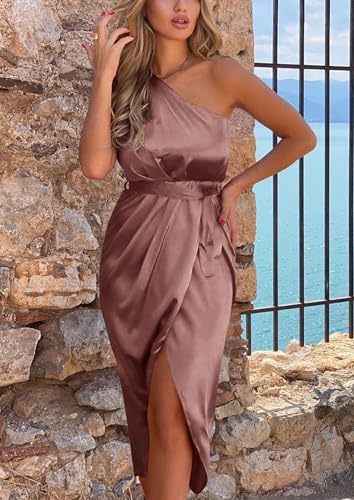 Image of PRETTYGARDEN Women's Summer One Shoulder Ruched Satin Dress Sleeveless Wrap Spring Wedding Guest Cocktail Midi Dress
