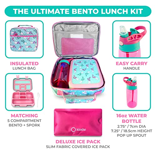 Image of kinsho Bento Lunch Box. Insulated Bag, Water Bottle & Ice Pack Set for Kids, Toddlers, Girls. 5 Portion Sections, Removable Tray, Pre-School Toddler Daycare Lunches, Snack Container, Aqua Cat Mermaid
