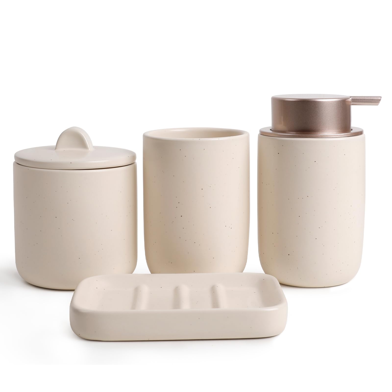 BosilunLife Set di 4 accessori da bagno in ceramica – Set di sapone da bagno, dispenser per schiuma, portasapone, portaspazzolino/bicchiere, barattolo per cotton fioc (beige tascabile, schiuma)