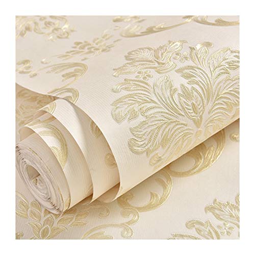 Papier peint damas 3D en relief style européen haut de gamme beige-2