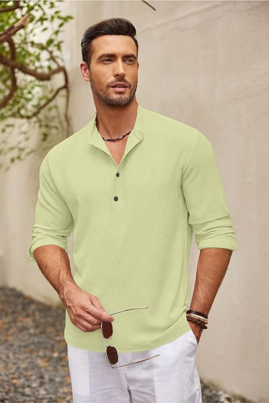 Image of Men's Cotton Blend Straight Kurta Shirt Combo with Mandarin Collar - Slim Fit Casual Short Kurti Set Featuring Textured Slub Fabric and Roll-Up Full Sleeves