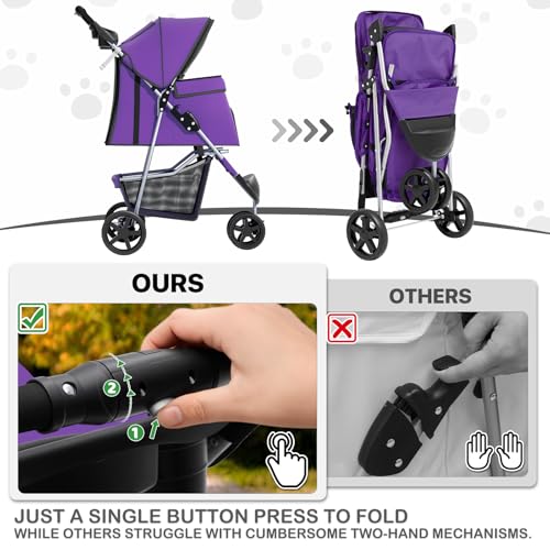 Image of MoNiBloom 3 Wheels Pet Dog Cat Stroller for Small Medium Dogs Cats, Lightweight Foldable Jogger Stroller w /Storage Basket and Cup Holder, Purple