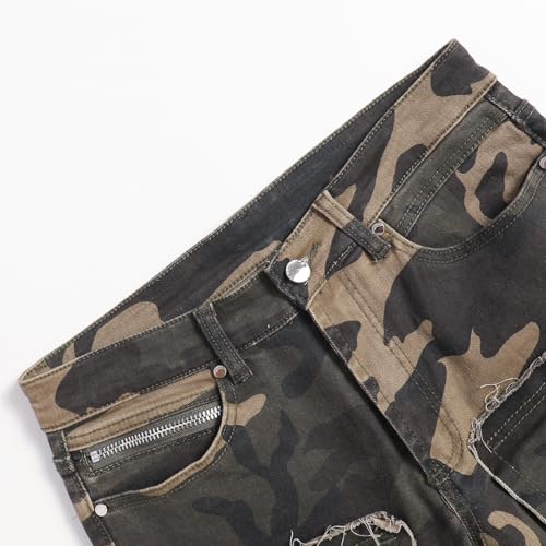Men's Trendy Camouflage Stacked Splicing Elastic Mid Waist Workwear Pocket Jeans3