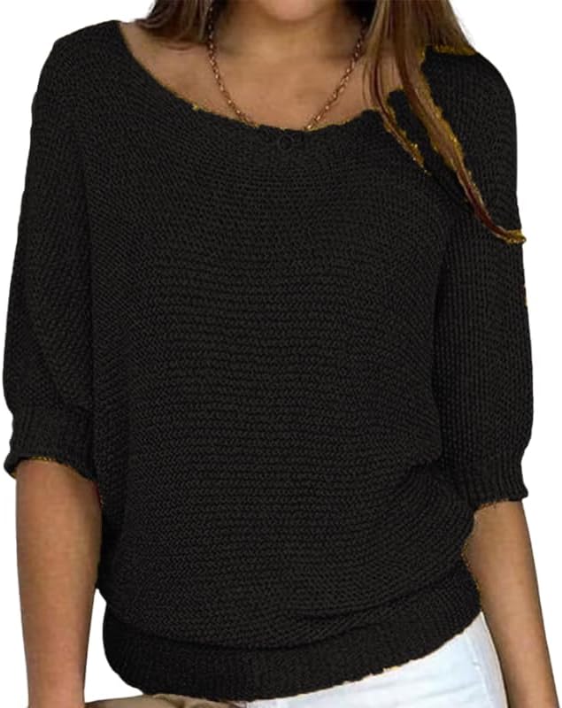 HOTYD Womens Sweaters Casual Fall 2025 Crewneck 3/4 Sleeve Solid Color Lightweight Knit Pullover Sweater Tops