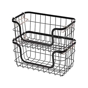 Amazon Basics Stackable Metal Storage Baskets for Kitchen or Bathroom, Rectangular, Black