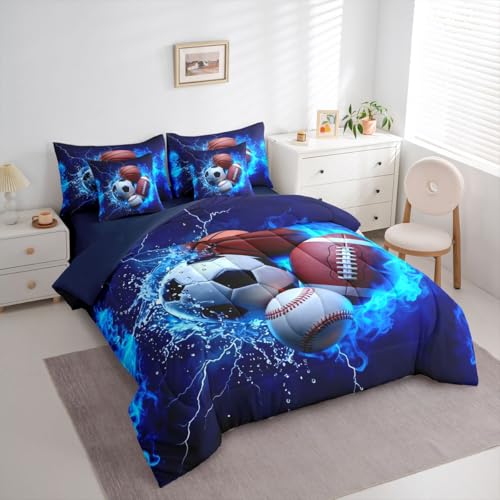 Image of Feelyou Boys Sports Comforter Set King Size 7 Pieces Football Baseball Soccer Bedding Set for Kids Boys Basketball Bed in a Bag with Comforter,Sheet,Pillow Cover Ball Game Sports Room Decor Quilted