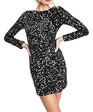 R.Vivimos Women's Sequin Bodycon Dress Fall Winter Long Sleeve Crew Neck Sexy Backless Glitter Slit Mini Dress (Medium, Black)