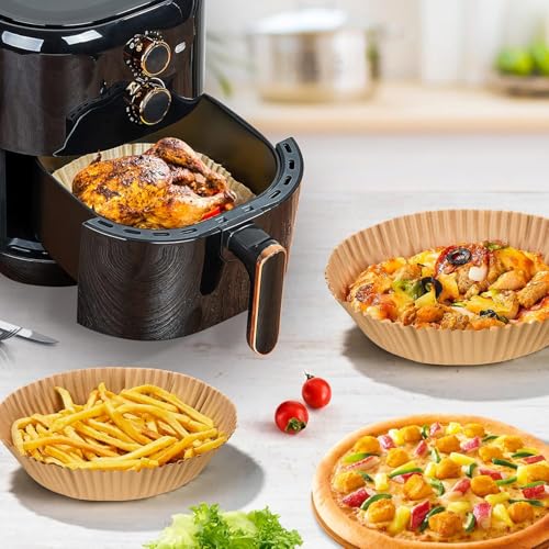 Image of 100 PCS Air Fryer Paper Sheets | Air Fryer Liners Disposable, 8 inch Square & Round [Food Grade Material] Parchment Paper Liners Non-Stick & Oilproof for Airfryer, Baking, Roasting Microwave, Oven (Round)