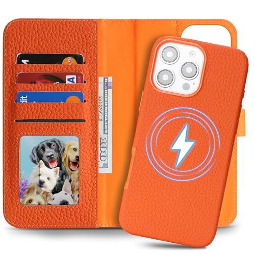 Image of Detachable Genuine Leather Case for iPhone 16 Pro Max Wallet Case Magnetic 2in1 Removable Flip Cover Book Purse Compatible with Magsafe Charging Kickstand Card Holder-Orange