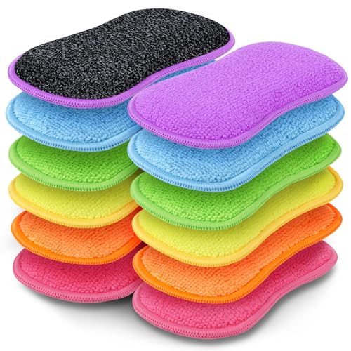 GLIMGLINT 12Pack Dish Sponges Kitchen Non-Scratch Microfiber Sponges for Cleaning Reusable Dish Sponge for Dishes Pots and Pans (Multicolor)