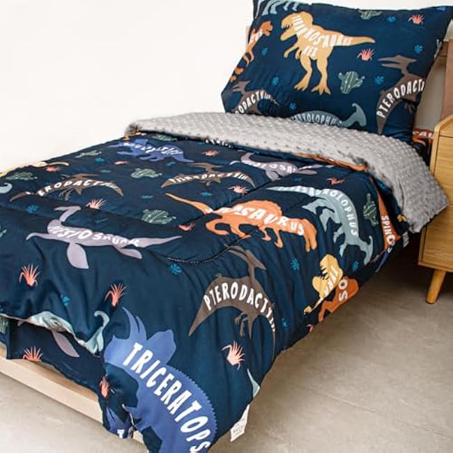 Toddler Bedding Set, Plush Minky Fabric Crib Bedding Set for Girls, Breathable and Soft Baby Crib Bedding Set, Includes Toddler Comforter, Flat Sheet, Fitted Sheet and Pillowcase (Green Dinosaur)