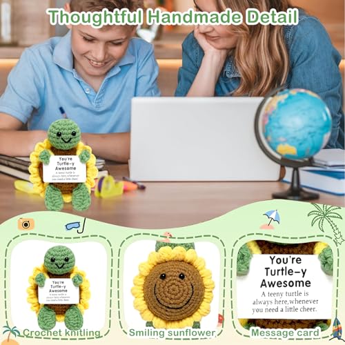 Image of Homeaura Sunflower Turtle Crochet Toys - Emotional Support Animal with Inspirational Message Card | Handmade Desk Decor for Office & Home, Positive Gift for Women Men Kids