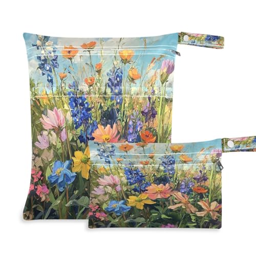 ATTX Colorful Wildflowers Wet Dry Bags 2-Pack - Reusable Cloth Diaper Storage for Travel, Beach & Gym | Multi-Use Waterproof Bags for Swimsuits, Baby Clothes, Sports Gear#46