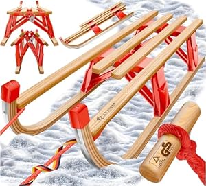 KESSER® Holzschlitten 110 cm Davoser Rodel Faltbar & Klappbar, Kinderschlitten; Premium Holz-Schlitten aus Buchenholz, Klappschlitten, Metall Kufen, Optional mit Lehne, Geschenk, Buche/Rot