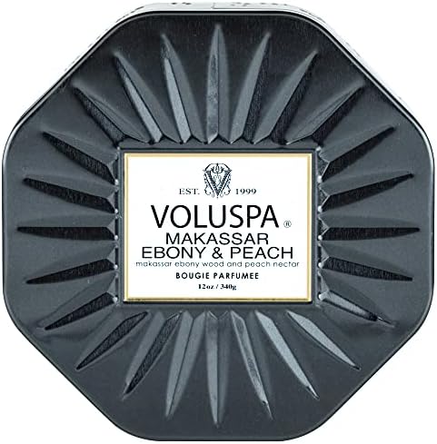 Voluspa Makassar Ebony & Peach Candle | 3 Wick Tin | All Natural Wicks and Coconut Wax for Clean Burning | 12 Oz.