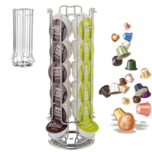 Reviews de Soportes para cápsulas y bolsitas de café , tabla con los diez mejores. 41 Soporte para cápsulas de café, 24 unidades de almacenamiento, hecha en acero inoxidable giros 360 grados, organizador de cápsulas para el hogar u oficina (Plata)