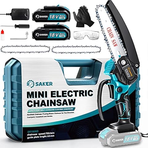 Saker Mini Kettensäge mit Akku 6 inch, kabellose kettensäge elektrisch mit 2 Ketten und 2 Batterie, 15 cm mit Sicherheitstaste Einhand Kettensäge Akku, Handkettensäge zum Schneiden von Äste und Garten Cover