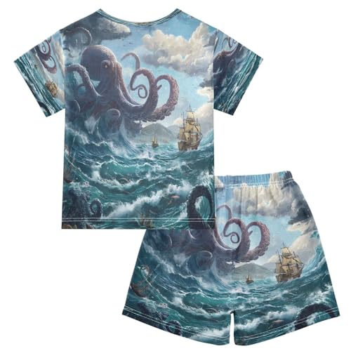 ALAZA Octopus Boats Ocean Fantasy Pajamas Set Short Sleeve Cotton Sleepwear Summer Pjs 2 Piece 5-14Y2