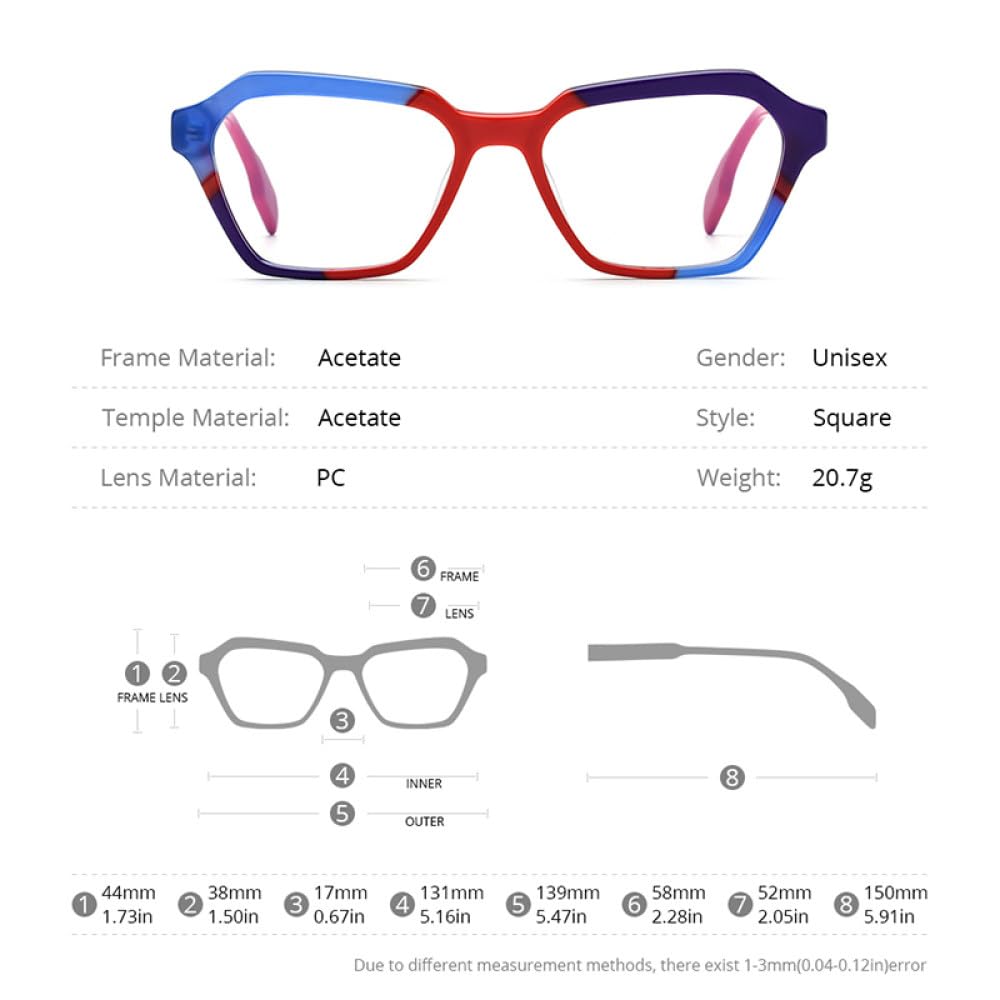 MUTYNE Mehrfarbige Acetat-Brillengestelle für Herren, Retro, quadratisch, für Damen und Herren