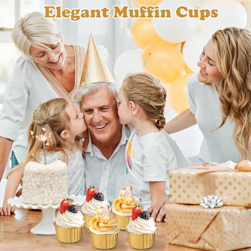 Image of 50 Pack Gold Cupcake Liners Bulk Disposable Foil Muffin Cup