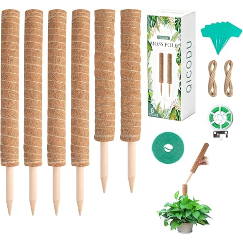 6 Pack Moss Poles for Monstera Plant Support (4x17in + 2x12in, 92in Total) – Stackable Moss Pole for Plants,Ideal Plant Stakes for Indoor Plants, Pothos, and Philodendron Support，with Garden Ties