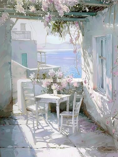 STYLER Leinwandbild Table 60 x 80 cm I Mediterrane Terrasse mit Blüten und...