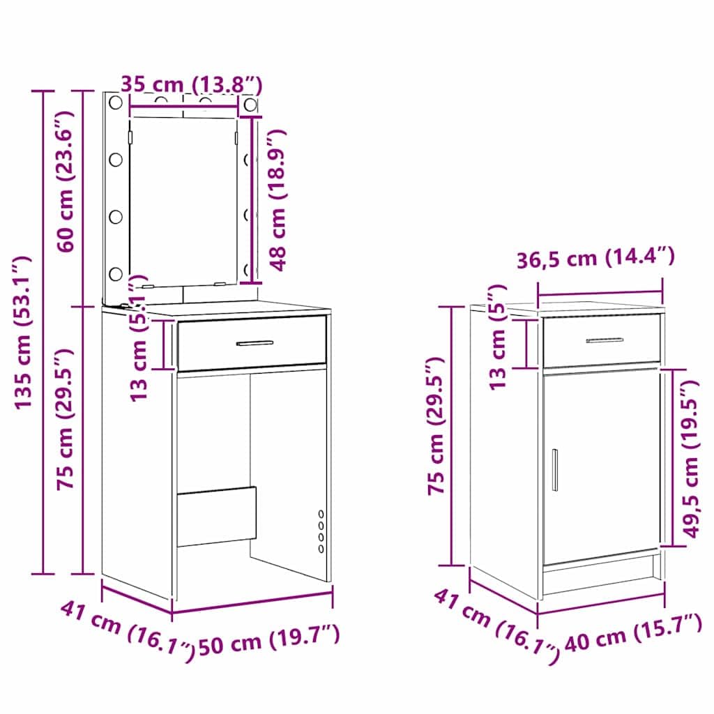 Tocador con puerta marrón de madera 50 x 41 x 135 cm, 2 unidades con iluminación LED, cajón, espacio de almacenamiento para dormitorio, habitación de niña y vestidor