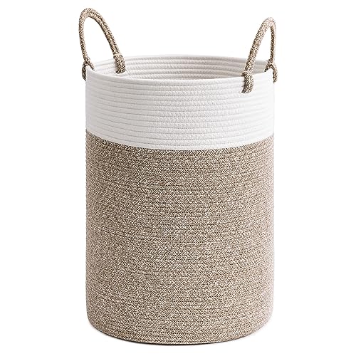 TIMEYARD Laundry Basket, Large Laundry Hamper, Woven Rope Storage Basket for Towels, Dirty Clothes, Tall Blanket Basket Living Room, Boho Toy Basket for Baby in Bedroom, 50L, White & Brown