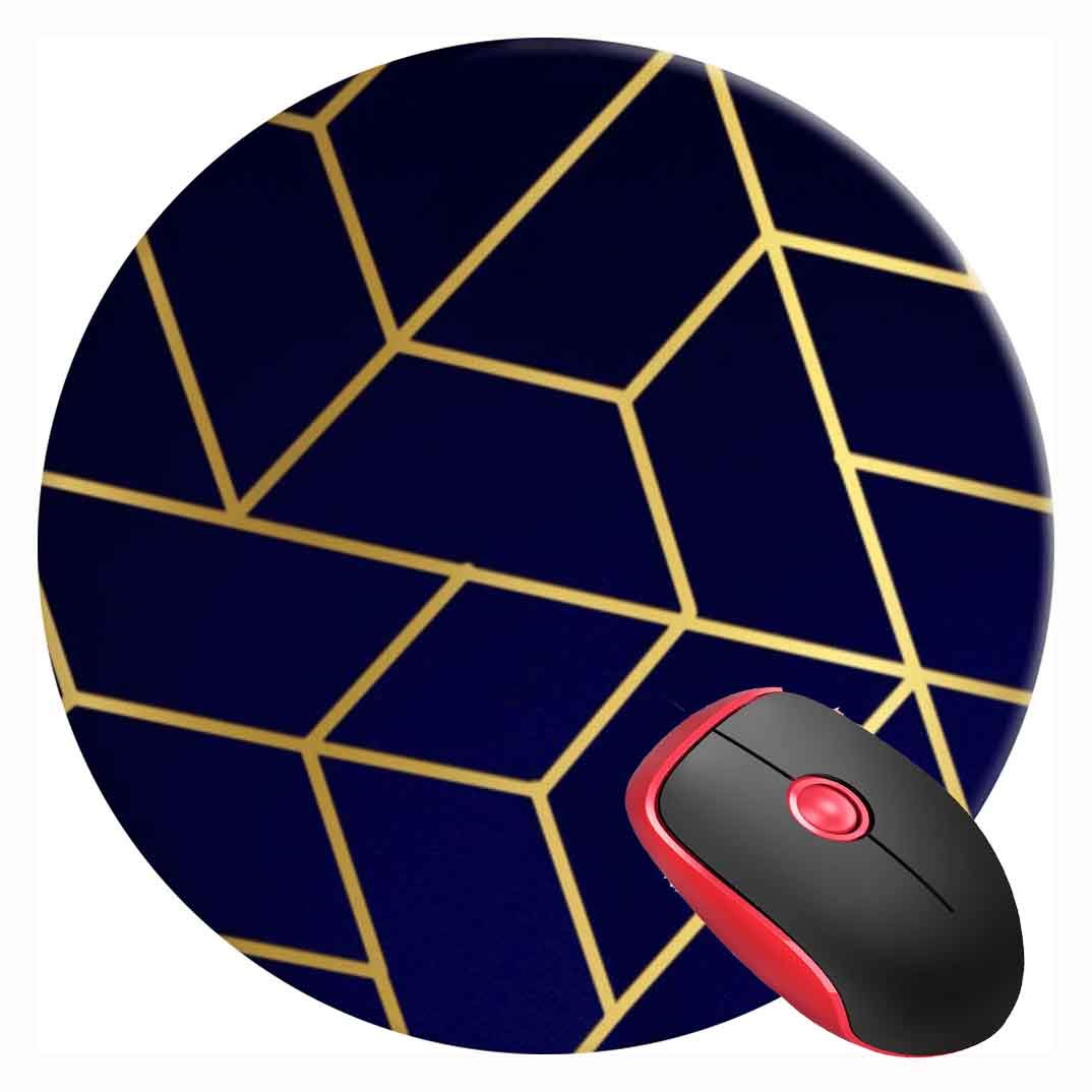 Mouse Pad Geometric Navy Blue Gold, Round Mousepad, Non-Slip Rubber Base Mouse Mat for Laptop and Computer