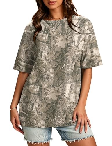 Anoumcy Oversized Camo T Shirt for Women Mens Maple Leaf Print Camouflage T-Shirt Summer Short Sleeve Camo Shirt Tops Khaki Brown L