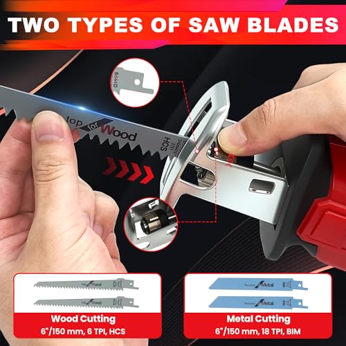 Image of Cordless Reciprocating Saw Compatible with Milwaukee 18V Battery, 0-3500 SPM, Variable Speed Trigger, One-Handed, Keyless Blade Clamp, Tool Only