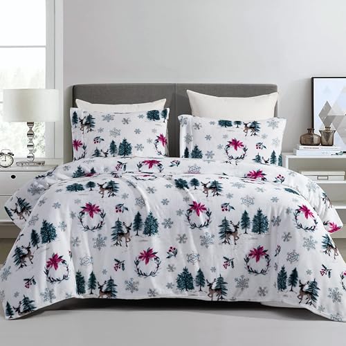 Elegant Comfort Luxuriously Soft 4-Piece Holiday Velvet Plush Flannel Sheet Set - Premium Quality - Cozy Warm, Christmas Fuzzy Velvet Flannel Fleece Deep Pocket Sheet Set - King, Christmas Wreath