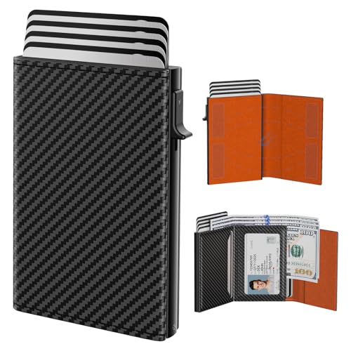 Image of typecase Mens Wallet Card Holder: Pop Up Aluminum Case, Carbon Fiber Leather, Smart, RFID Blocking, Slim, Minimalist, Front Pocket - 9-14 Card Capacity | ID Window | Cash Slot (Orange)