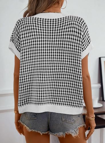 Dokotoo Womens Casual Summer Tops V Neck Short Sleeve Plaid Knit Vest Loose Fit Pullover Sweaters Blouses3
