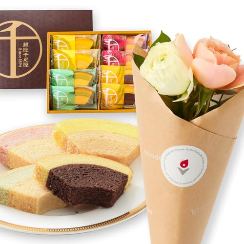ブルーミー(bloomee) 銀座千疋屋 フルーツクーヘン 生花4本セット ホワイトデーカード付き 花束 お菓子 詰め合わせ スイーツ 洋菓子 焼き菓子 ミニブーケ 生花 人気 誕生日 プレゼント 女性 母 結婚 記念日 お祝い お礼 お返し 出産祝い 結婚祝い 還暦祝い 退職祝い 引越し祝い 大人 プチギフト ホワイトデー