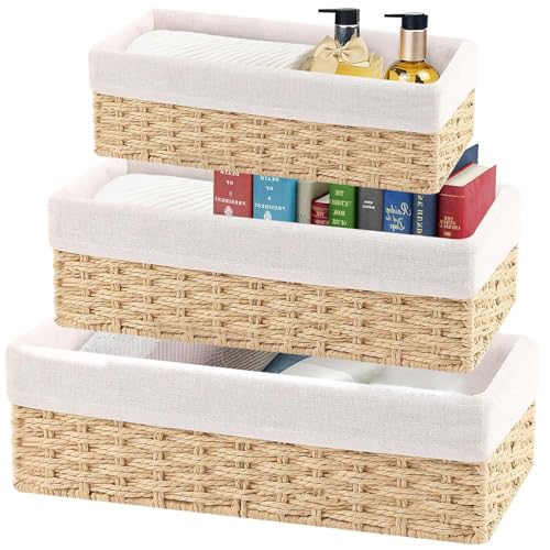 Opiniones de Cestos de almacenaje que puedes comprar esta semana. 41 MCSWKEY Juego de Canastas Organizadoras, 3 Piezas Canastas para Baño Organizador, Juego de Cestas de Almacenamiento, Cestas Tejida a Mano para Hogar, Baño y Entrada (Beige)