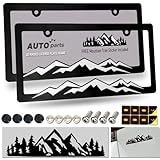 ZXFOOG Mountain License Plate Frames- Plastic Black Car Tag Holder Bracket with Screws Caps, 2 Packs 2 Hole, White on Black, Mountain Vinyl Sticker Included