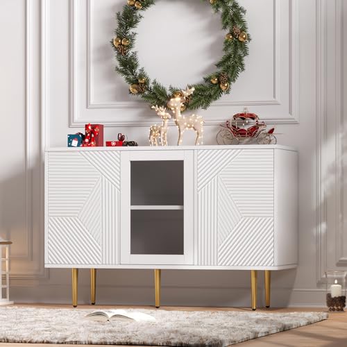 Merax Sideboard mit 3 Türen, Kommode mit Glastür und Metalfüßen Buffetschrank für Esszimmer Wohnzimmer oder Flur, 120x38 x79.5 cm, Weiß