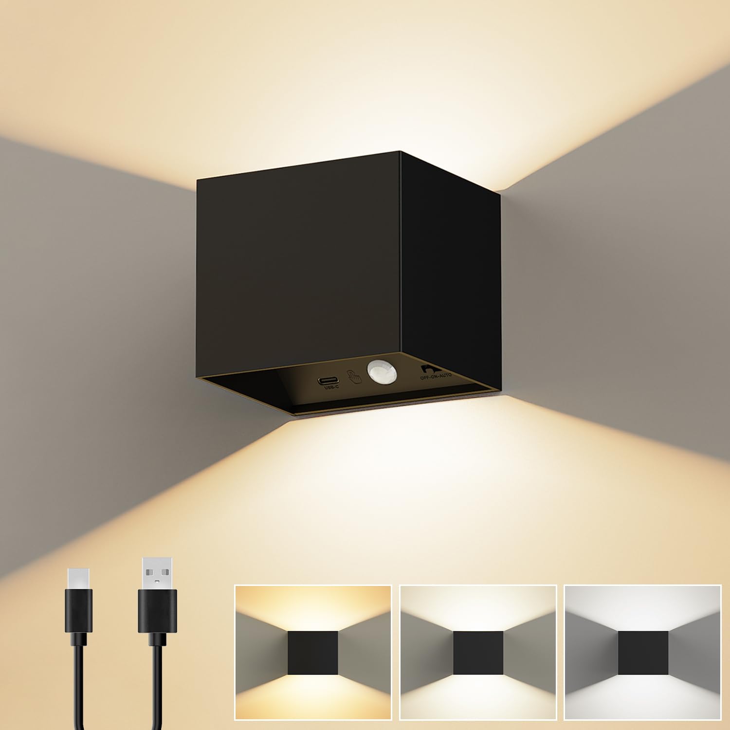 Rechargeable Wall Light with Motion Sensor Battery Operated Wall Lamp Black