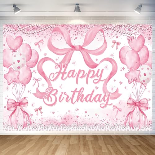 Cute Pink Bownot Birthday Party Backdrop Pink Bow Balloon Happy Birthday Banner Photography Background for Girls Teens Party Supplies 70.8 x 47.2 Inch