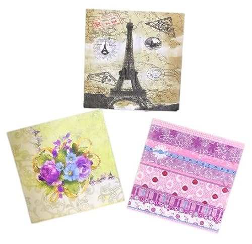 ペーパーナプキン 3種類 各5枚入 15枚入 紙ナプキン デコパージュ素材 アソート ハンドメイド エッフェル塔 パスポートスタンプ 地図柄 アンティーク調 フラワー 花柄 薔薇 縁取り パープル ブルー ドット リーフ