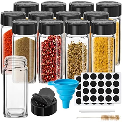 12 Pack Glass Spice Jars with Labels, 4oz Spices Containers Spice Jars with Black Shaker Lids, Empty Containers for Spice, Silicone Funnel and Pen Included Cover