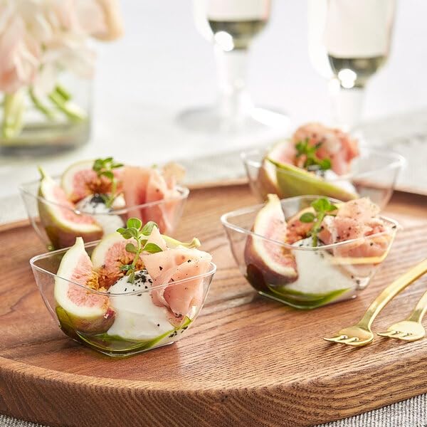 Goldedge Plastic Dessert Cups, 75ml Square Dessert Cups Clear Parfait Appetizer Cup Reusable Serving Bowl for Dessert Pudding Mousse Party 60Pcs