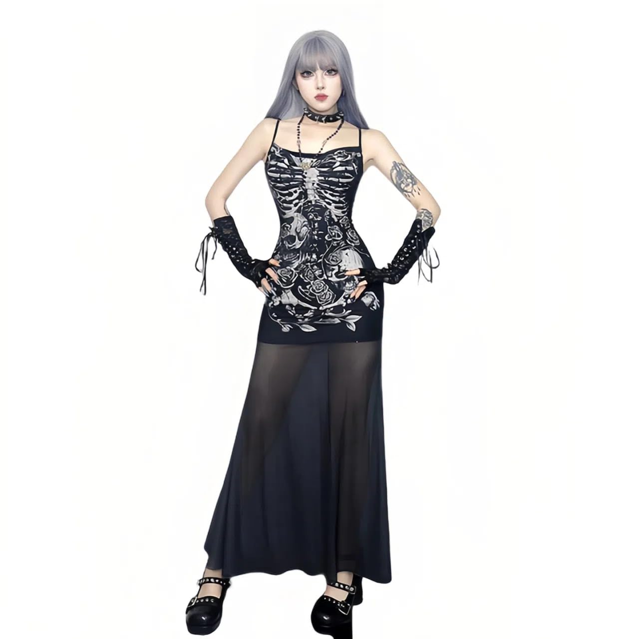 Women Vintage Floral Print Spaghetti Strap Maxi Dress Dark Gothic Sheer Mesh Sleeveless Bodycon Dresses for Party Club: X-Small Black Skull