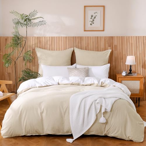ATsense Bettwäsche 135x200 Baumwolle 2teilig, Beige Bettwäsche-Sets 100% Gewaschene Baumwolle mit Leinen Textur, Oeko-TEX für Allergiker 1...