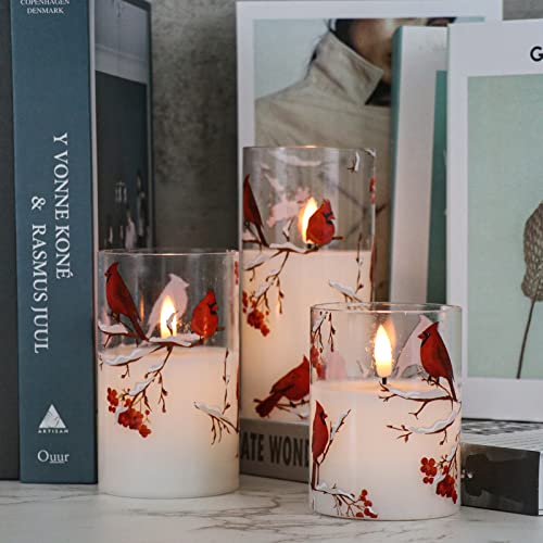 Image of GenSwin Red Bird Glass Flameless Candles with Remote Timers, Battery Operated 3D Wick Led Flickering Light, Real Wax Pillar Candles for Christmas Home Decoration(Pack of 3, 3 inchx4 inch5 inch6 inch)